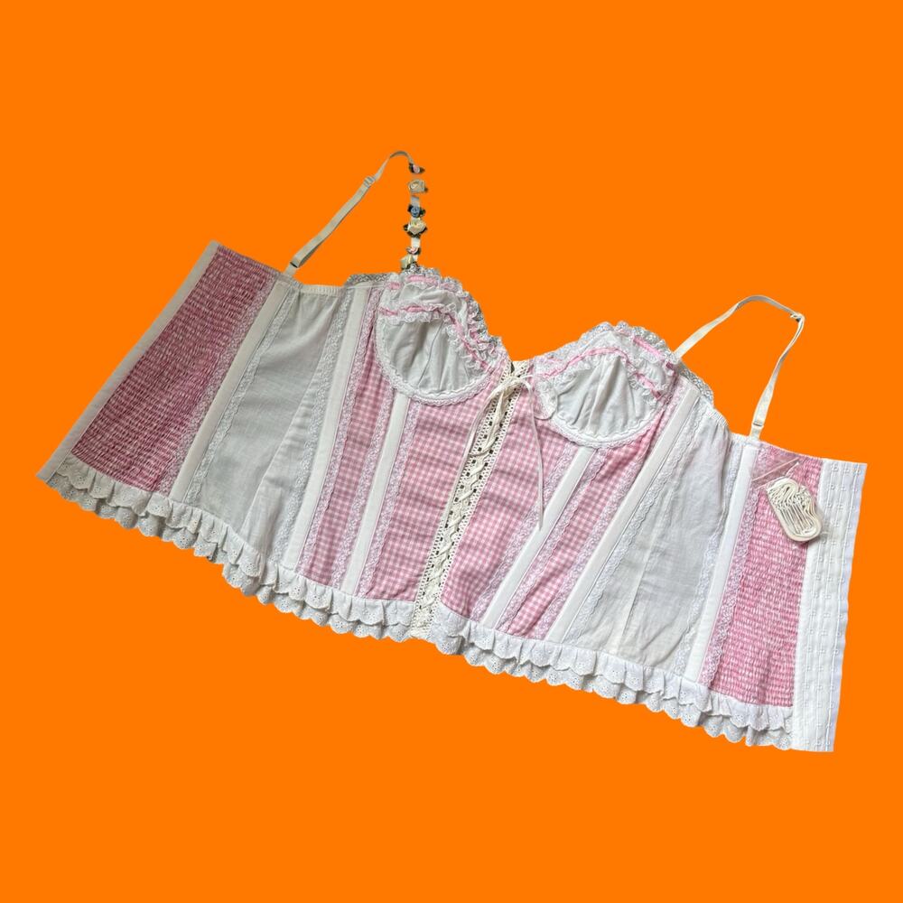 00's vintage gingham eyelet lace corset top y2k lingerie set Size 34 S/M - Picture 7 of 10